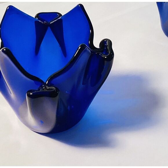 Partylite Sapphire Candle Holder Cobalt Blue Handkerchief Glass Tealight Votive - Picture 3 of 5